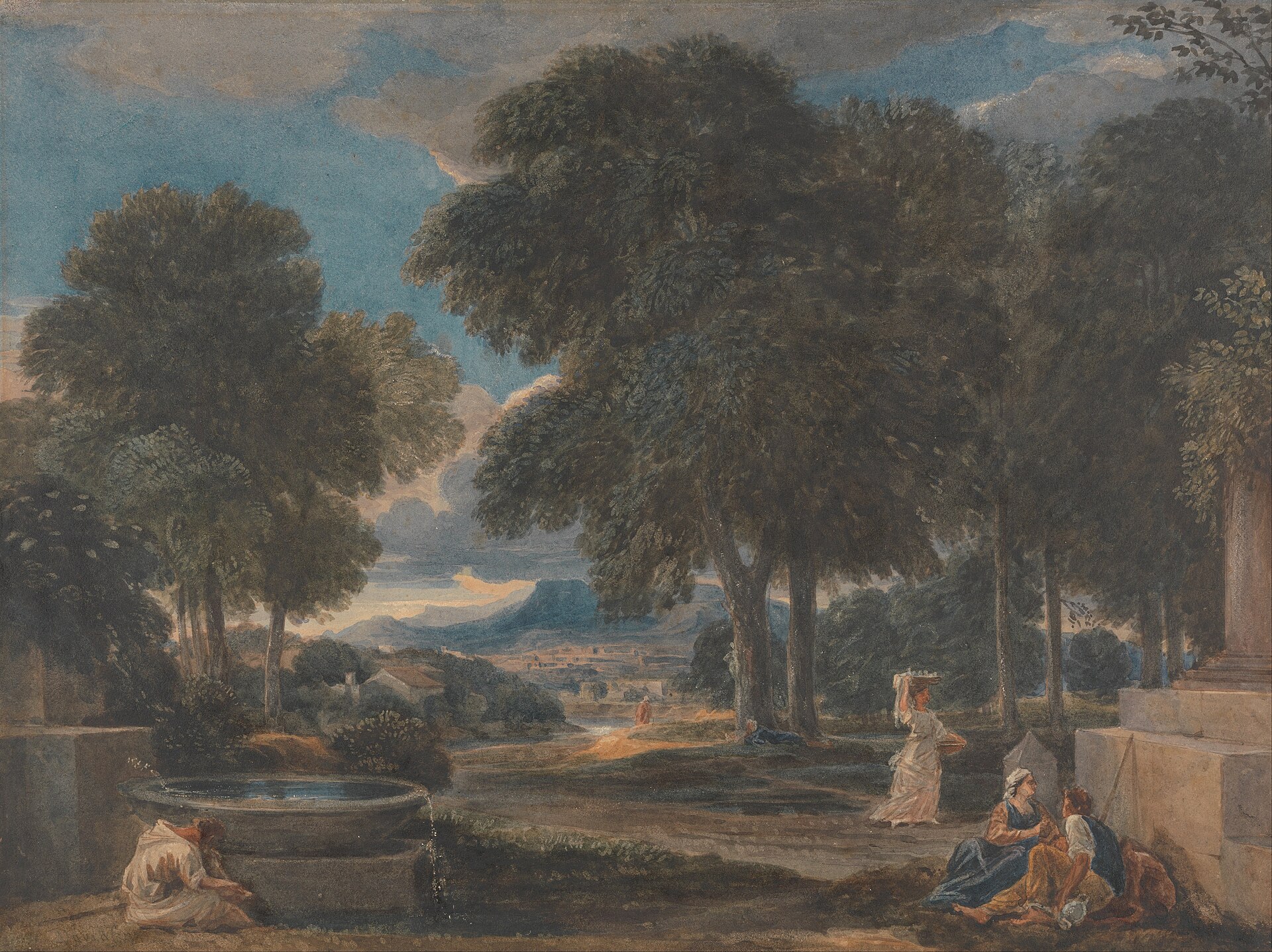 Imagem de referência de Paisagem com homem lavando os pés numa fonte, descrito nos dados abertos como pintura de Nicolas Poussin