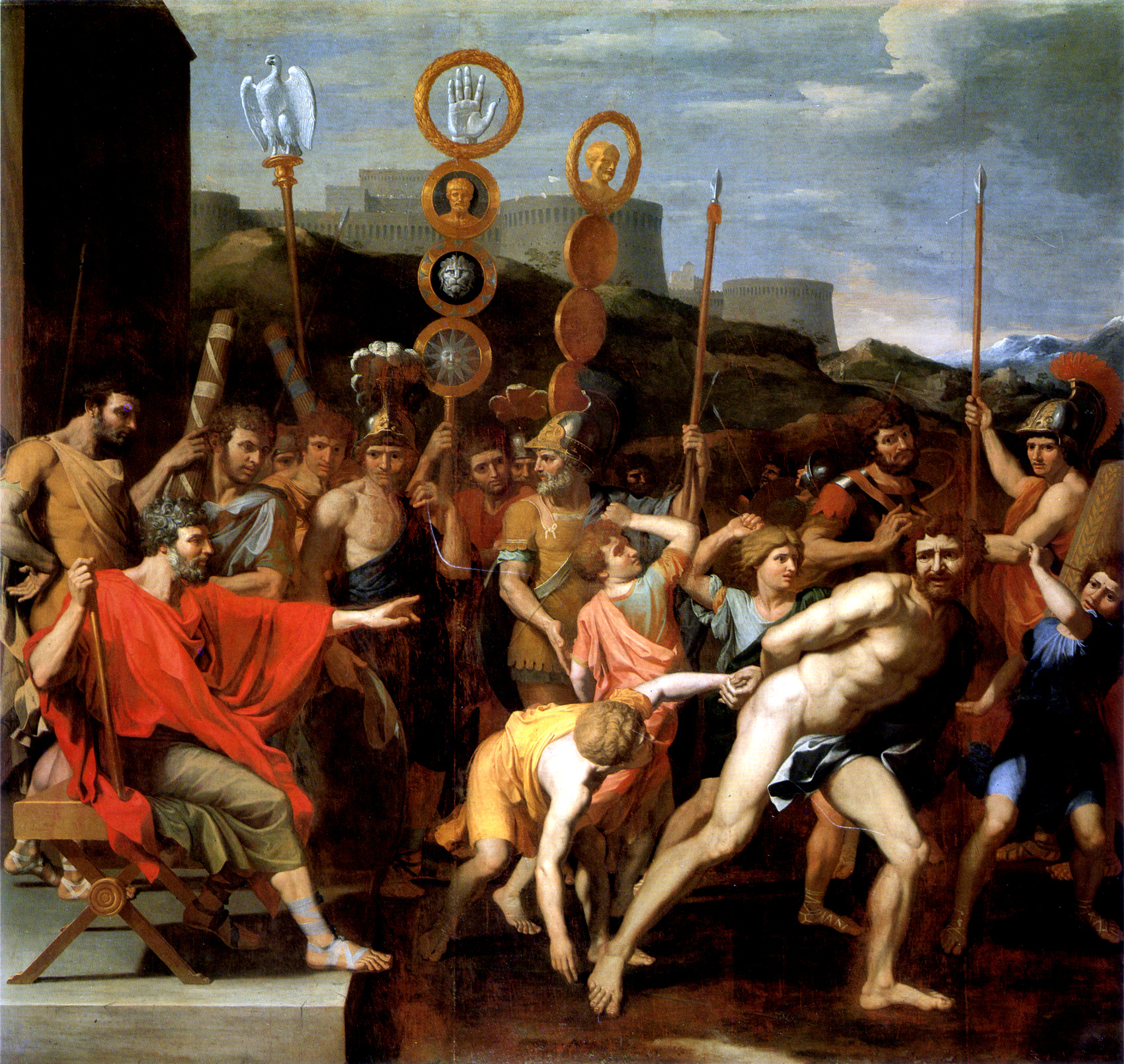 Imagem de referência de Camille entrega o mestre-escola de Falerii aos seus alunos, descrito nos dados abertos como pintura de Nicolas Poussin