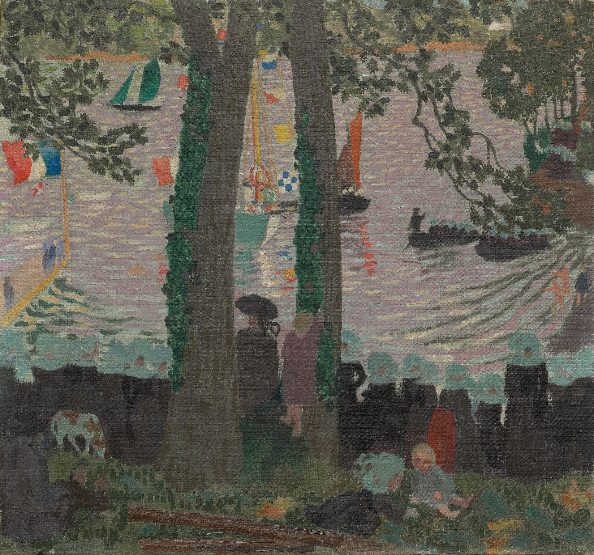 Imagem de referência de Yacht sur la Riviere, descrito nos dados abertos como pintura de Stanislas Lépine