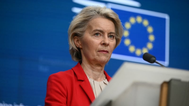 European Commission President Ursula von der Leyen gives a speech on stage