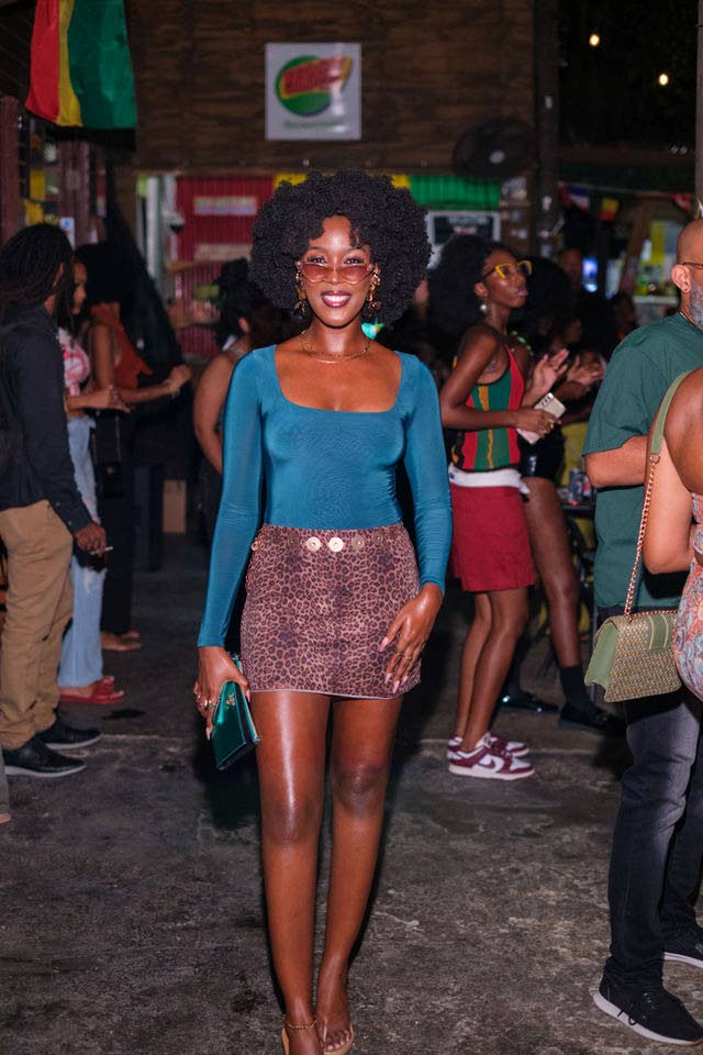 Fashion designer Davene Jonas brings her designer’s eye to AfroSZN, pairing leopard print with teal for a night of fun.