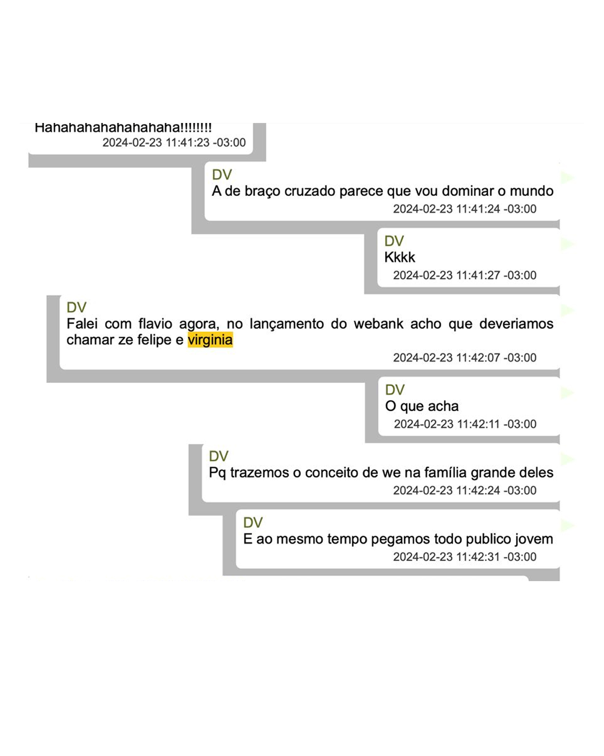 Vorcaro também tratou com a área do marketing sobre desejo de contratar Virginia e Zé Felipe para propaganda de novo banco. Contrato acabou não sendo fechado