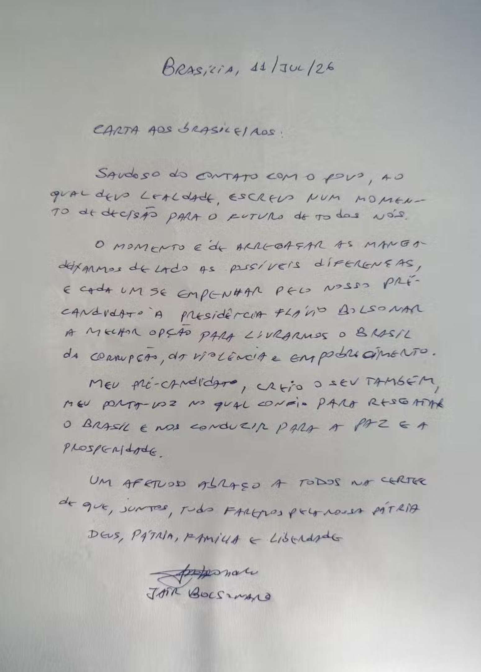 Carta escrita pelo ex-presidente Jair Bolsonaro e divulgada pelo senador Flávio Bolsonaro em julho